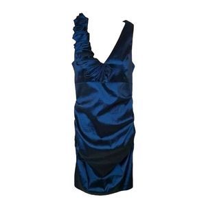 Betsy & Adam Womens Sheath Dress Blue Stretch V Neck Sleeveless Ruched 14